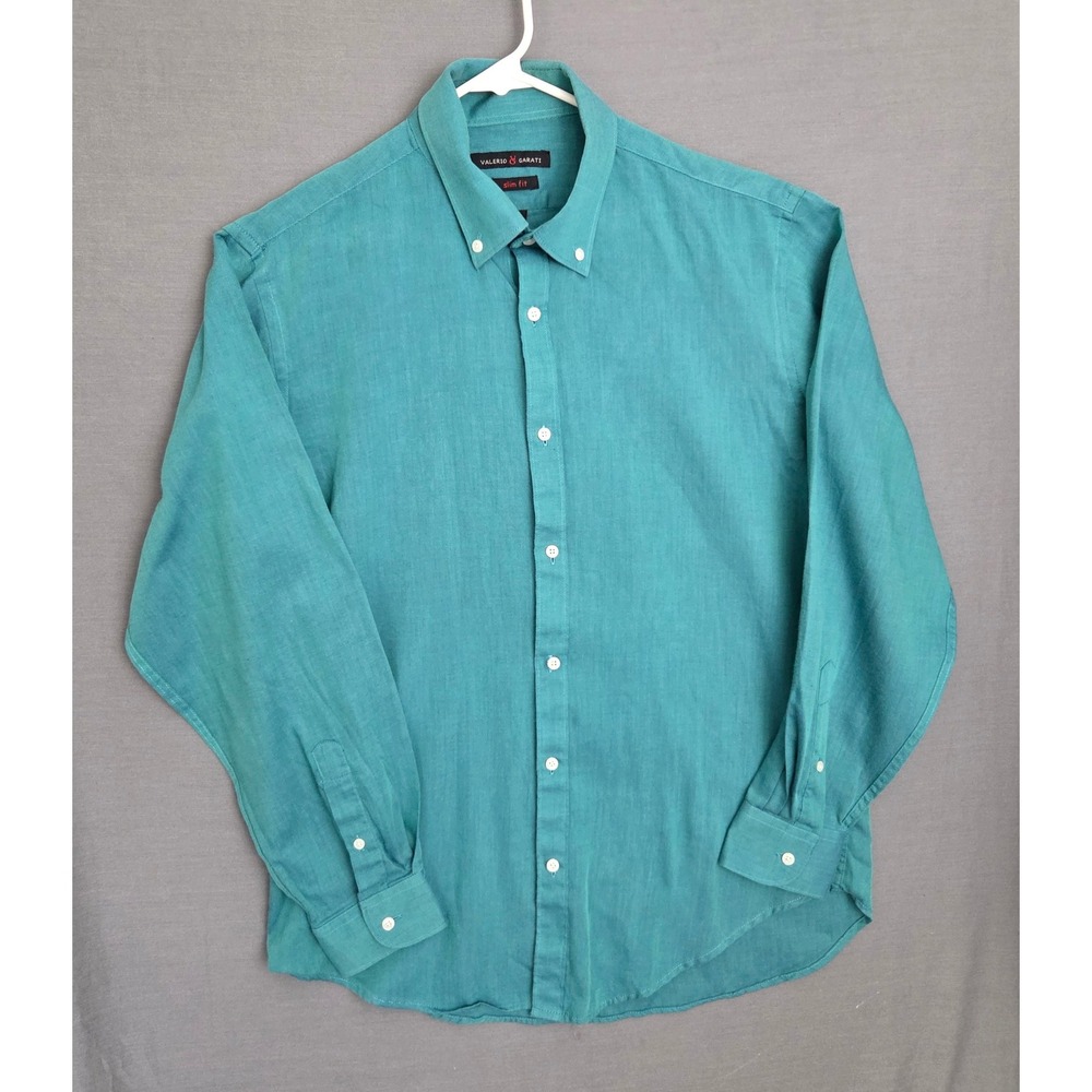 Valerio Garati Mens Slim Fit Button Down Shirt Green Cotton Blend Size M